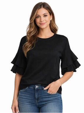 Hooked Up Black‎ Ruffle Sleeve Blouse Women L Knit Casual Dressy NWOT